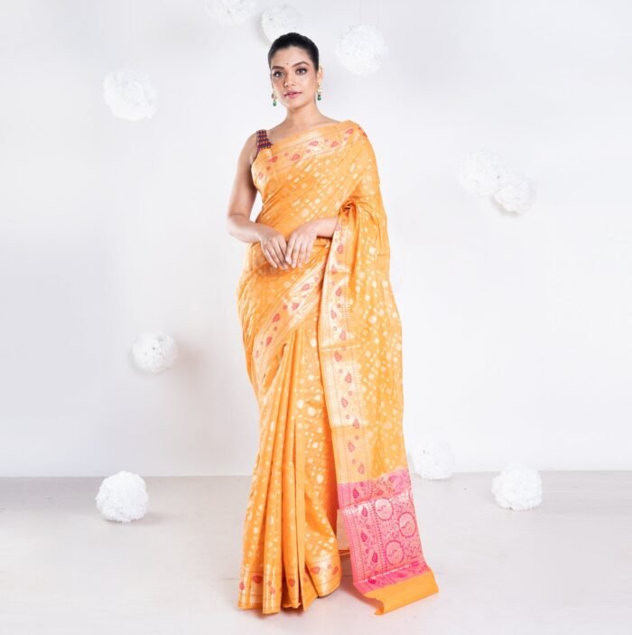Women's Banarasi Kora Organza Saree In Orange Color With Golden Booti And Border