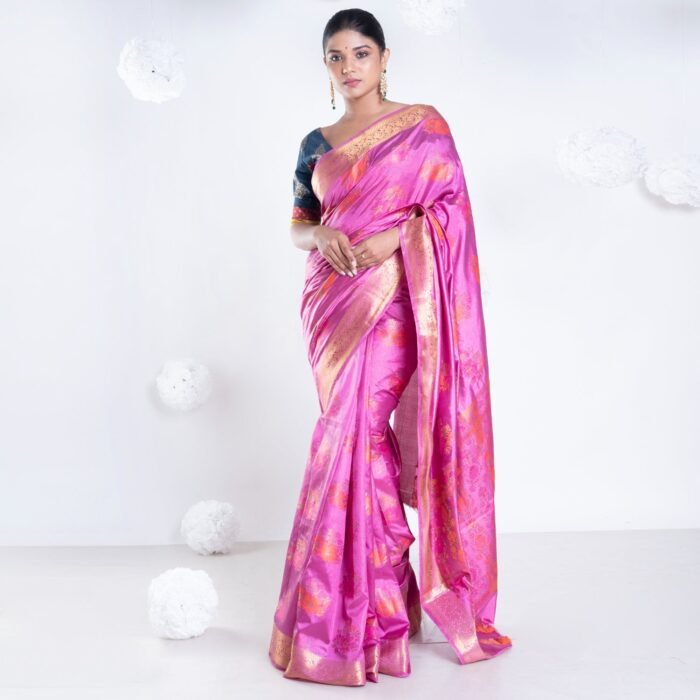 Women's Banarasi Ari Silk Saree In Magenta Color With Multicolor Motifs And Zari Border