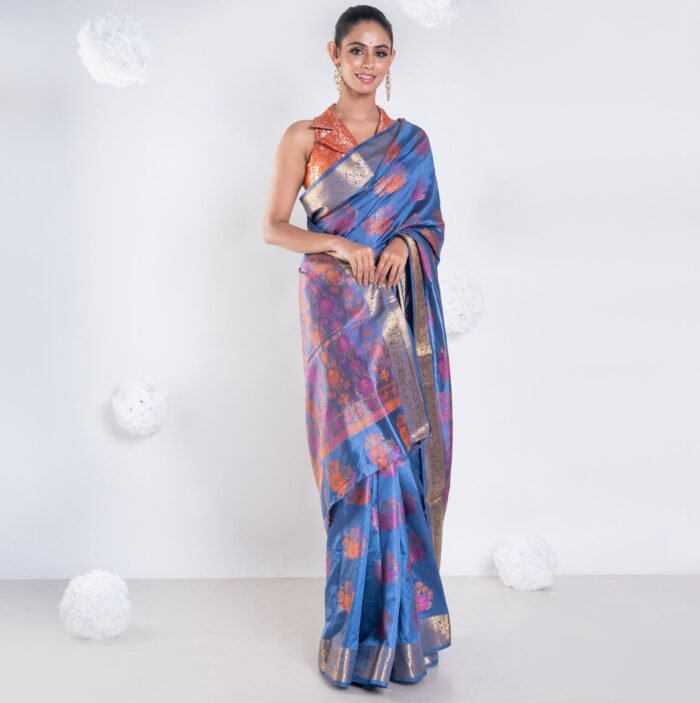 Women's Banarasi Silk Saree In Dark Grey Color With Multicolor Motifs And Zari Border