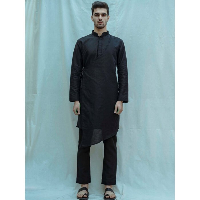 Hello Hi Angrakha Kurta With Pajama In Black (Set of 2)