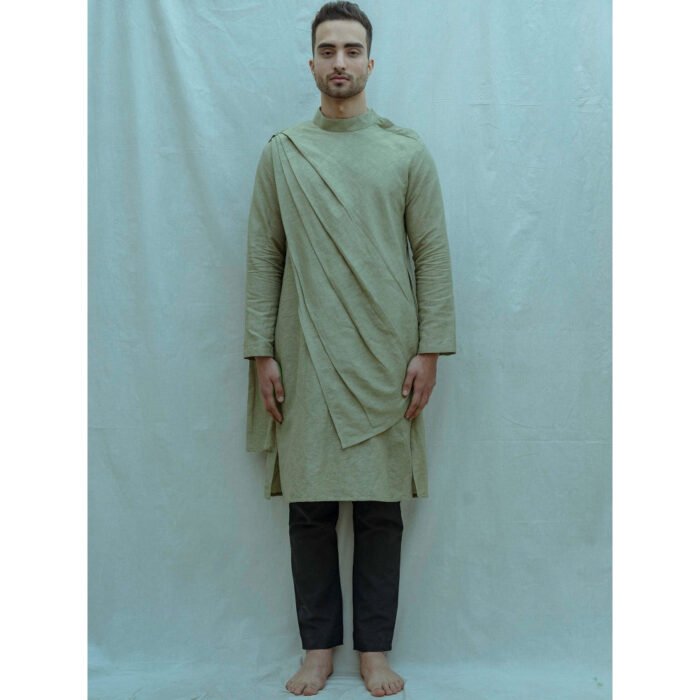 Hello Hi Cotton X Linen Back Pleated Kurta With Pajama In Green (Set of 2)