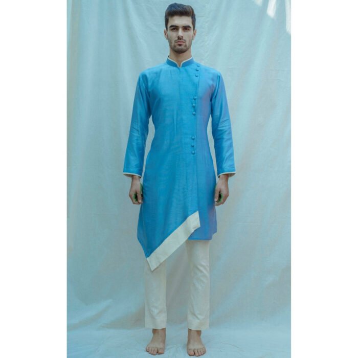 Hello Hi Overlapped Panel Kurta With Pajama In Chanderi Silk (Set of 2)