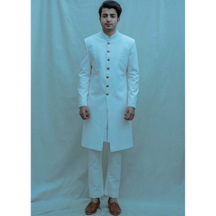 Hello Hi Classic Achkan Kurta And Pajama In Off White (Set of 2)