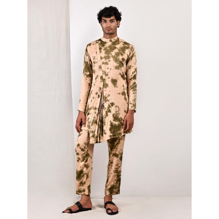 Hello Hi Theo Beige and Green Pleated Kurta (Set of 2)