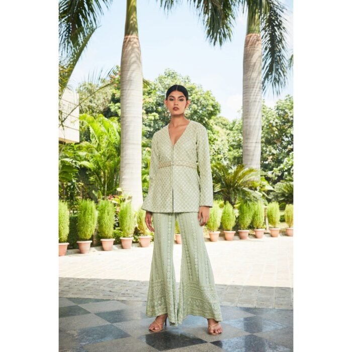 Hello Hi Rania Pastel Green Mirror Work & Chikankari Co-Ord (Set of 2)