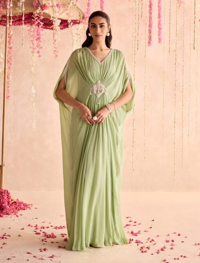 Mint green embellished full-length draped kaftan
