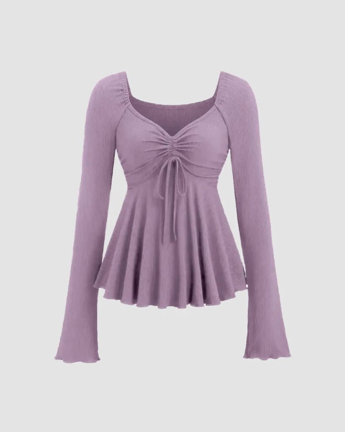 Casual Square Neck Tie-Up Flared Long Sleeve Top in Purple