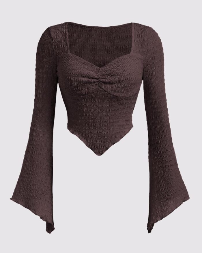 Casual Sweetheart Neck Ruched Flared Long Sleeve Top in Brown