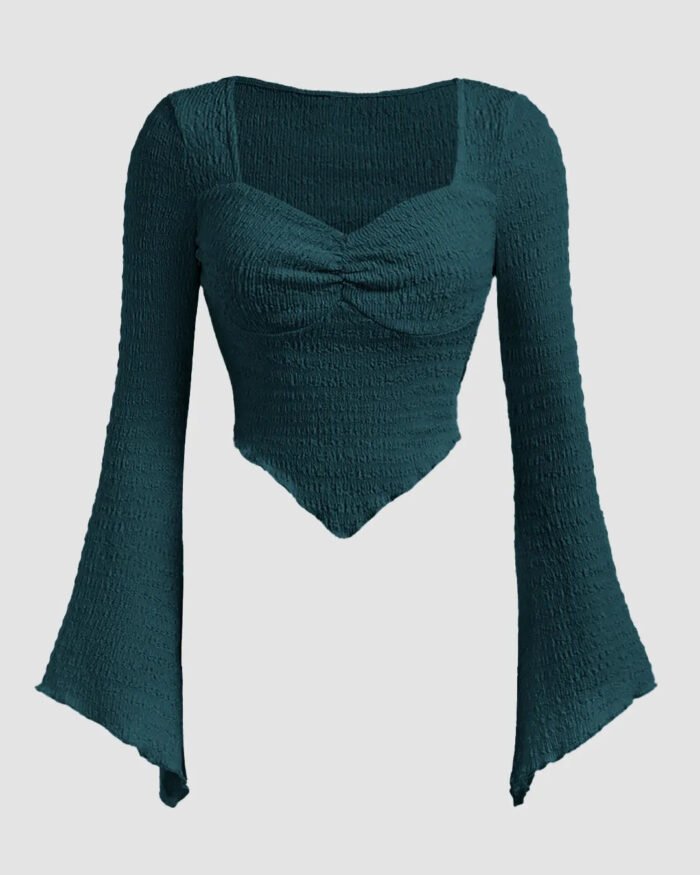 Casual Sweetheart Neck Ruched Flared Sleeve Solid Top in Blue