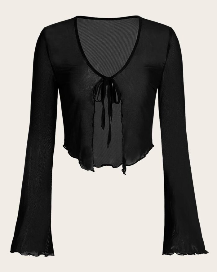 Casual Tie Front Sheer Mesh Long Sleeve Top in Black