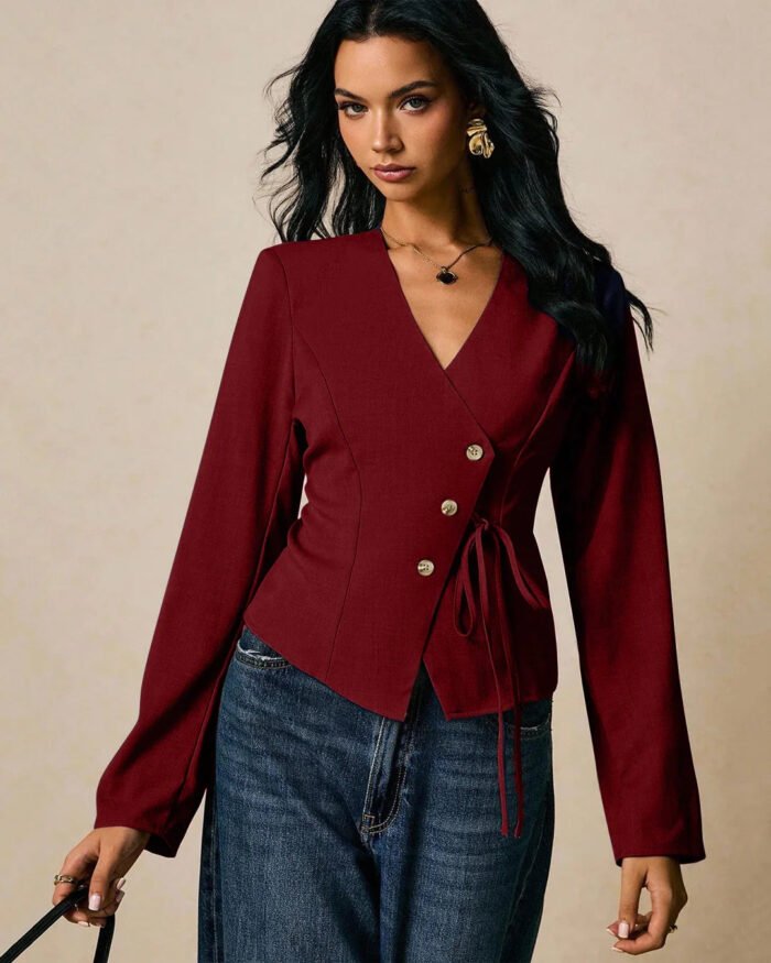 Casual V-Neck Slim Fit Womens Wrap Top in Maroon