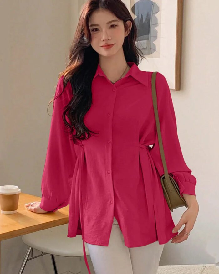 Collared Neck Long Sleeve Structured Flared Top in Pink