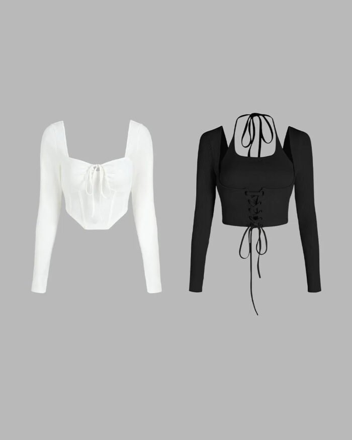 Combo: Corset Style Tie Around Full Sleeve Tops In White & Black
