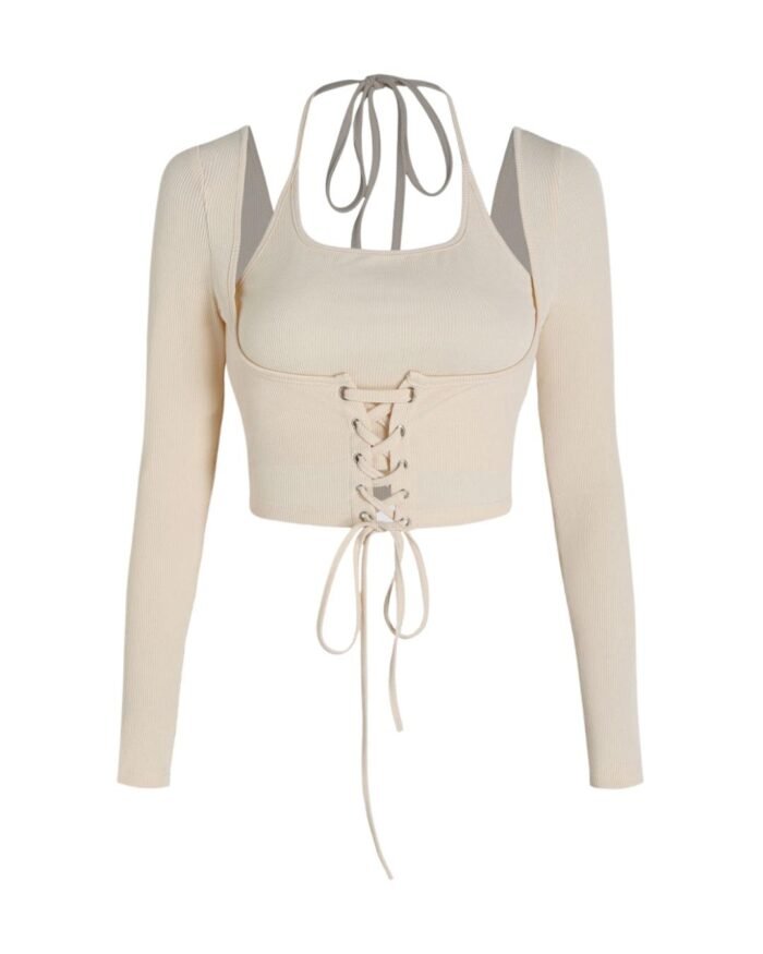 Corset Style Tie Around Full Sleeve Ribbed Apricot Top