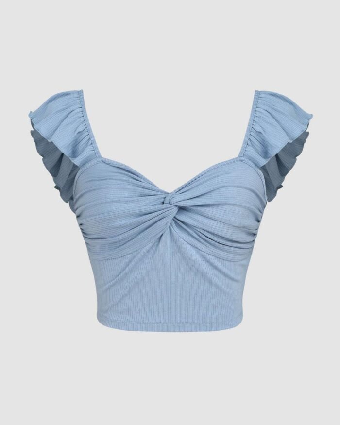 Cropped Vest Ruffle Top In Dusty Blue