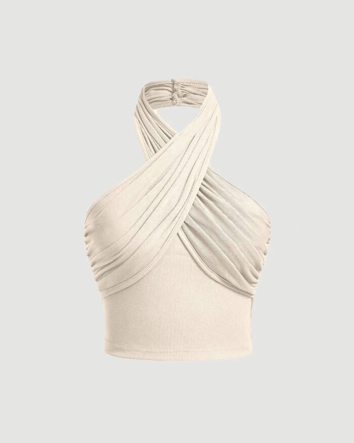 Cross Halter Neck Breast Cup Retraction Off-White Tank Top