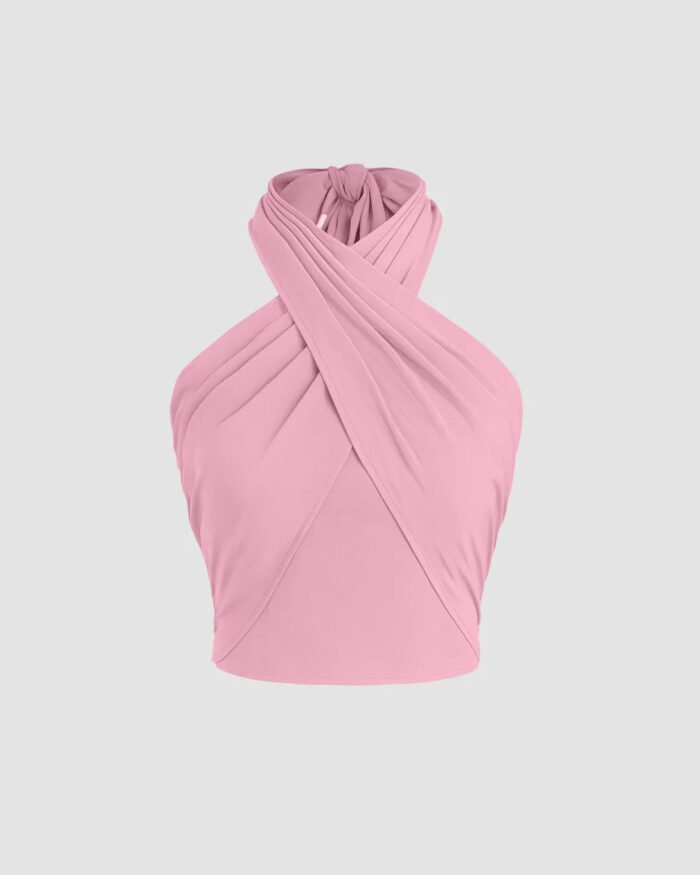 Cross Halter Shirred Back Crop Top In Dark Pink