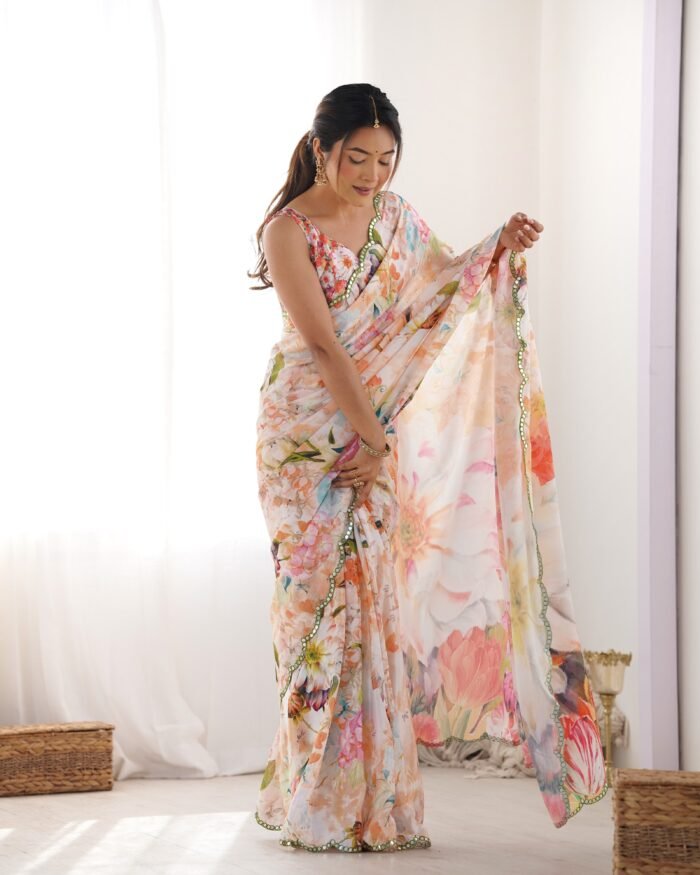 Women's Multi Color Heavy Chinon Printed Kutchi Mirror Saree