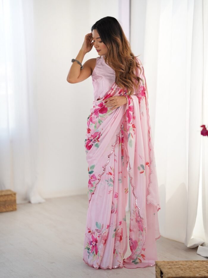 Women's Party Wear Digital Flower Printed Heavy Chinnon Saree With Papper Mirror Worked Border