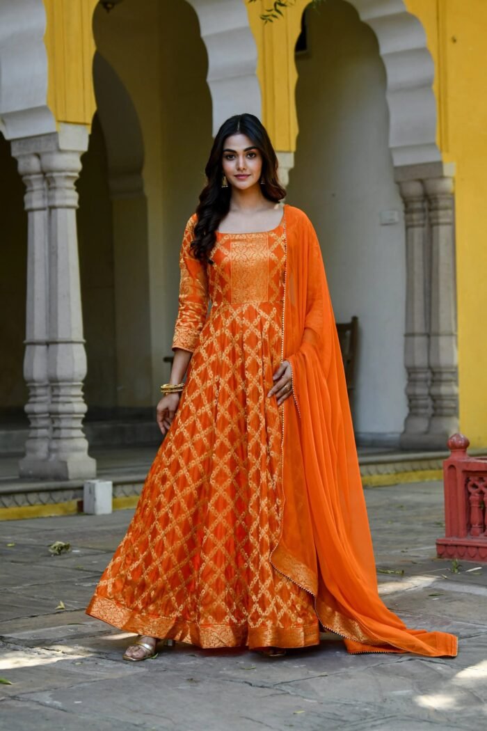 Women's Orange Silk Anarkali Gown With Dupatta