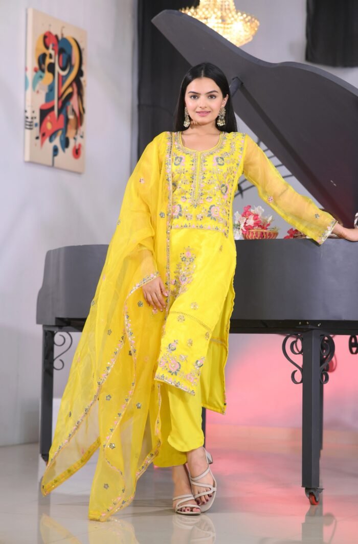 Women's Lemon Yellow Colour Organza Silk Heavy Embroidery Work Fully Stitched Pakistani Salwar Suit