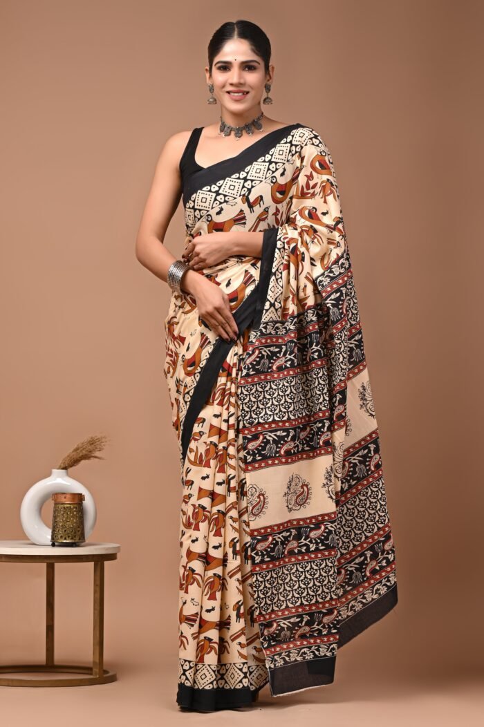 Women's Cream Cotton Printed Saree with unstitched Blouse
