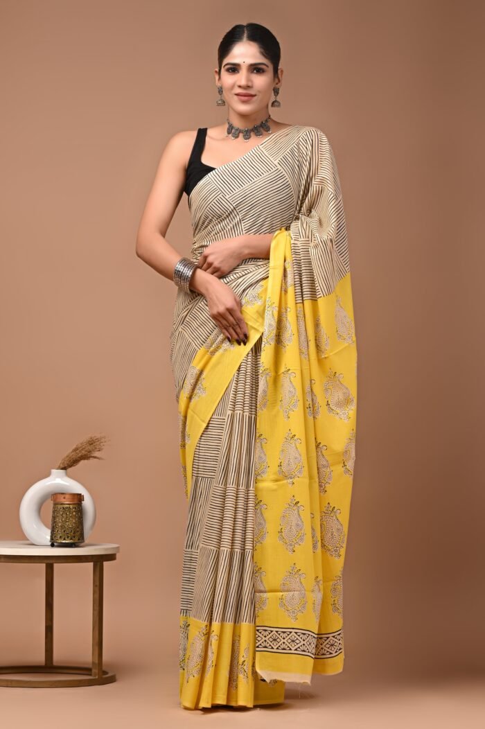 Women's Yellow Cotton Printed Saree with unstitched Blouse