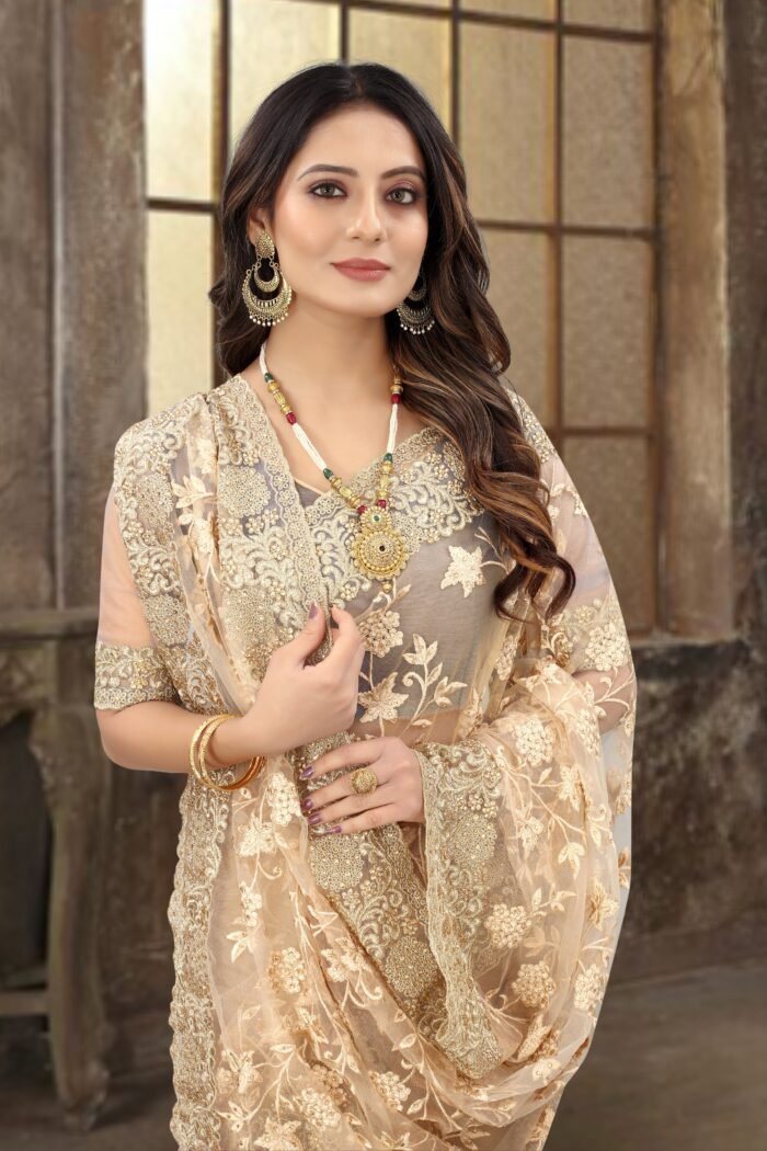 Women's Chiku Soft Net Heavy Resham & Jari Embroidery Work With Heavy Stone Work Pattern Work Saree