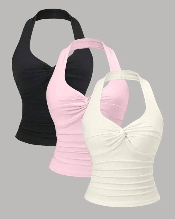 Ruched Halter Neck Combo Tops in Milky White, Black & Baby Pink