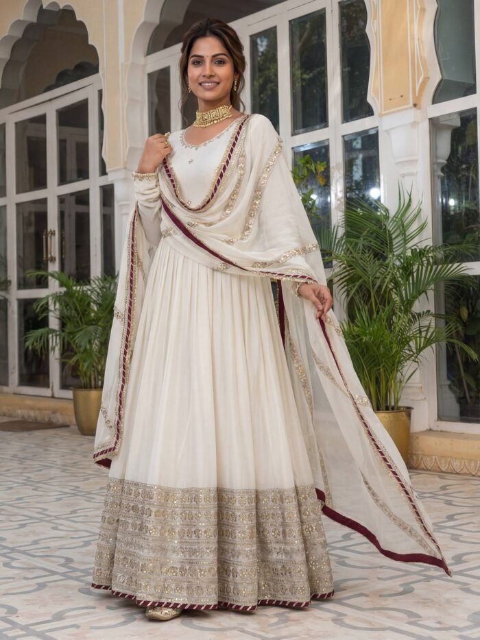 Women's White Chinon Silk Embroidery Sequence Codding Work Anarkali Set