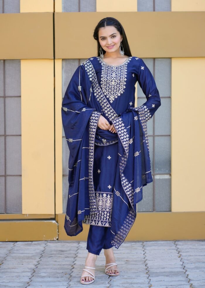 Women's Blue Colour CHINON Silk Heavy Emrboidery Work Fully Stitched Pakistani Salwar Suit