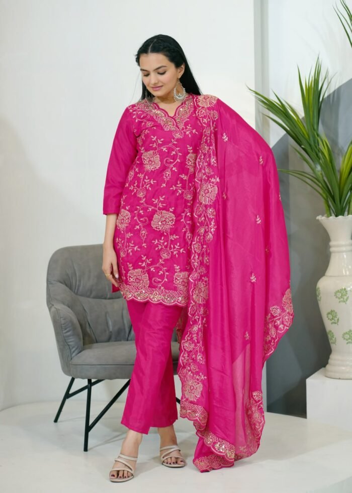 Women's Pink Colour CHINON Silk Heavy Emrboidery Work Fully Stitched Pakistani Salwar Suit