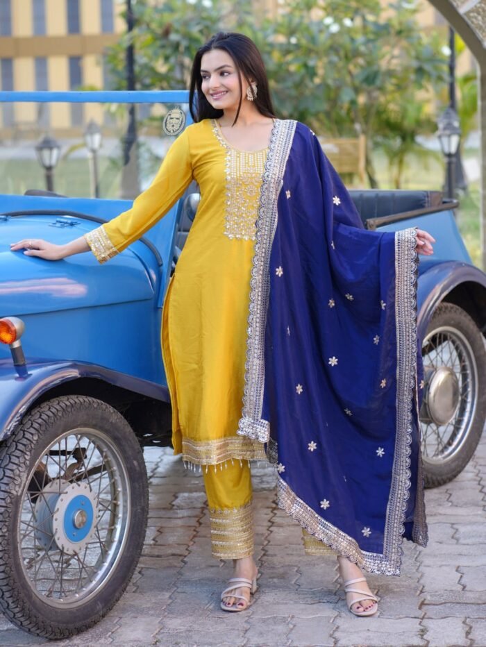 Women's Lemon Yellow Colour CHINON Silk Heavy Emrboidery Work Fully Stitched Pakistani Salwar Suit