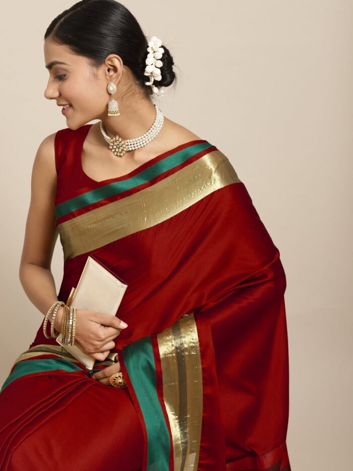 Women's Aura Silk Maroon Woven Design Designer Saree With Blouse Piece