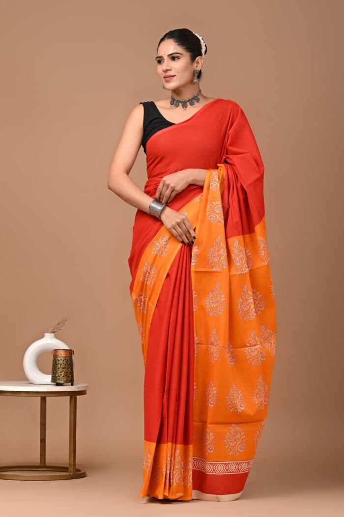 Women's Red & Orange Cotton Printed Saree with unstitched Blouse