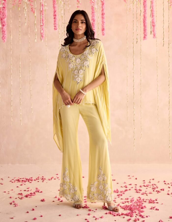 Lemon yellow embellished kaftan top and pants