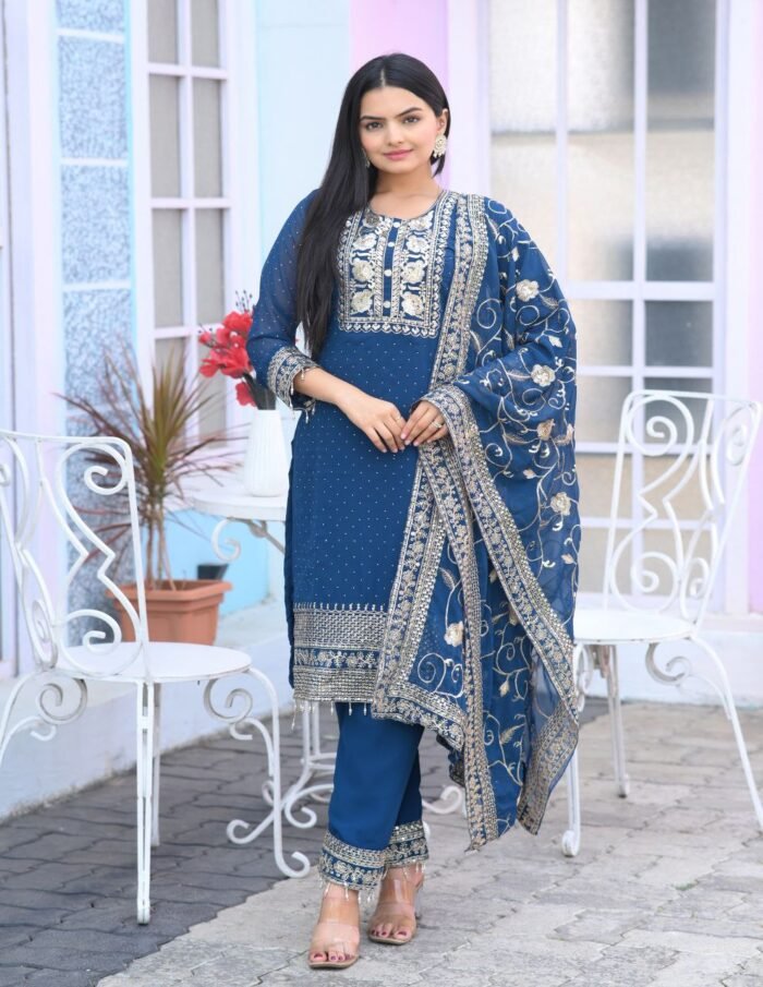 Women's Designer Fox Georgette Pakistani Suit With Embroidered Work And Stone Work