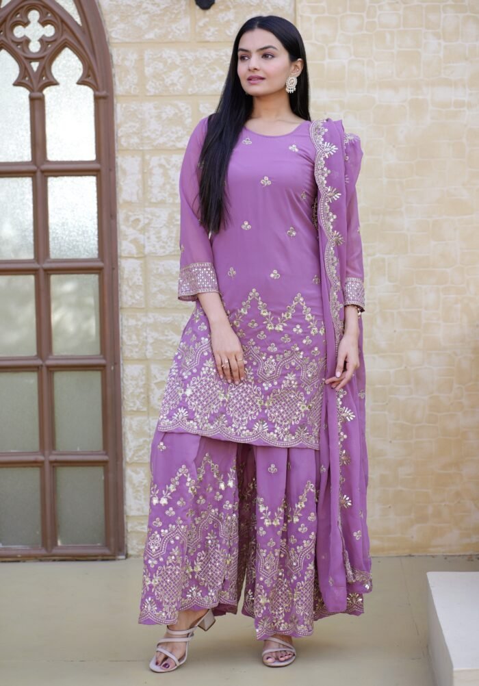 Women's Designer Fox Georgette Sharara Pakistani Suit With Sequence Embroidered Work