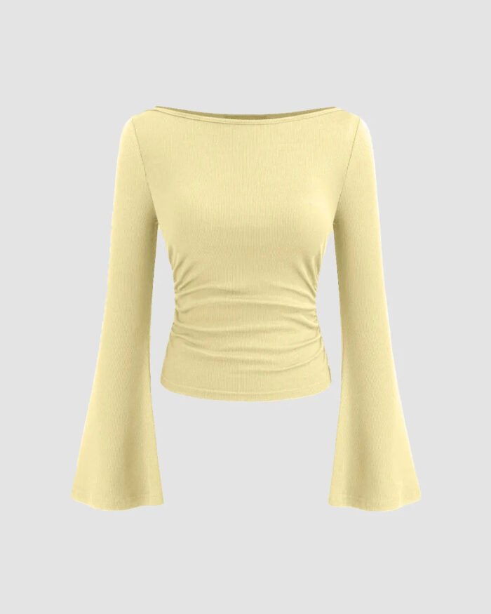 Flared Sleeve Boat Neck Solid Long Sleeve Top in Yellow