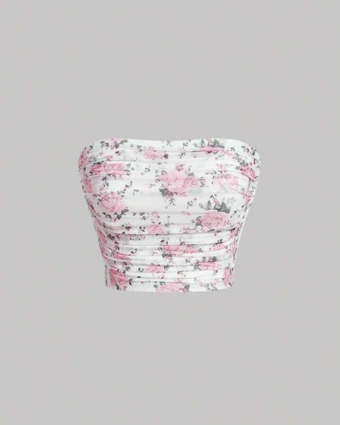 Floral Print Ruched Strapless Tube Top