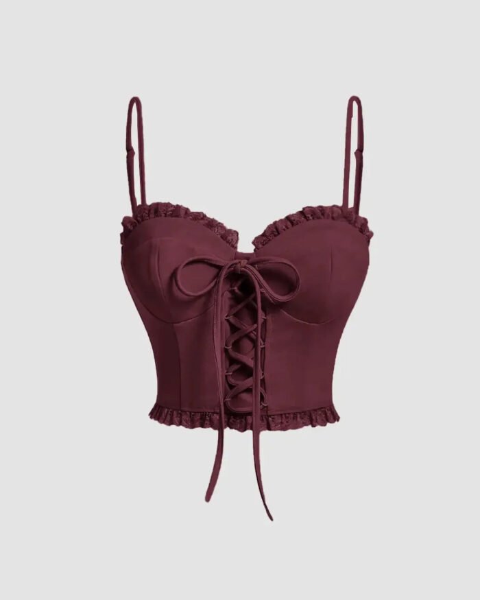 Frill Trim Lace Up Front Cami Top In Maroon