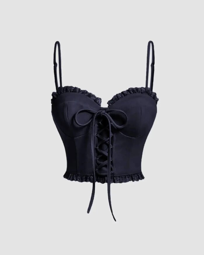 Frill Trim Lace Up Front Cami Top In Navy Blue