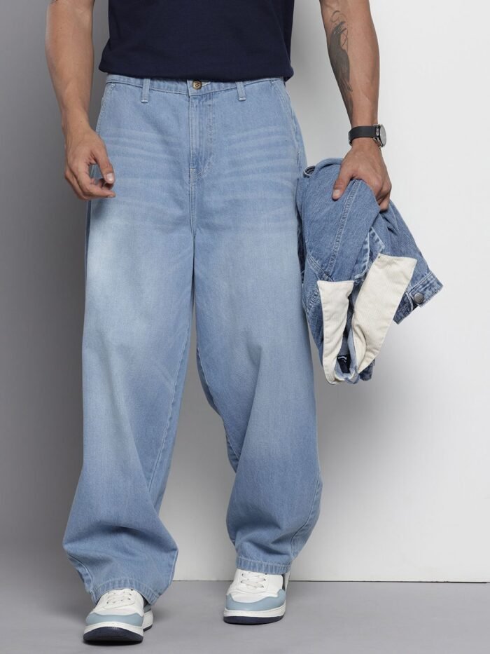 Men's Light Blue Skater Fit Solid Street Wear Jeans