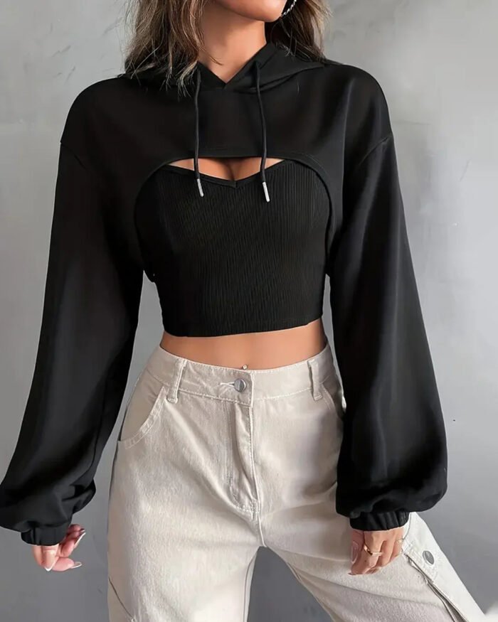 Full Sleeve Hooded Cut-Out Style Crop Top in Black