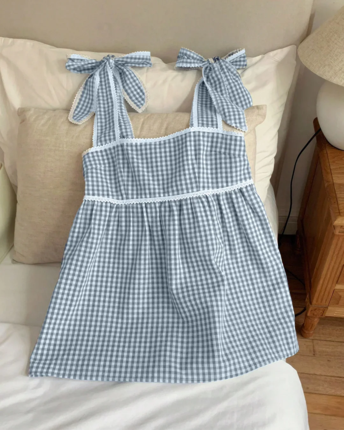 Gingham Check Tie Strap Sleeveless Top in Checks Blue