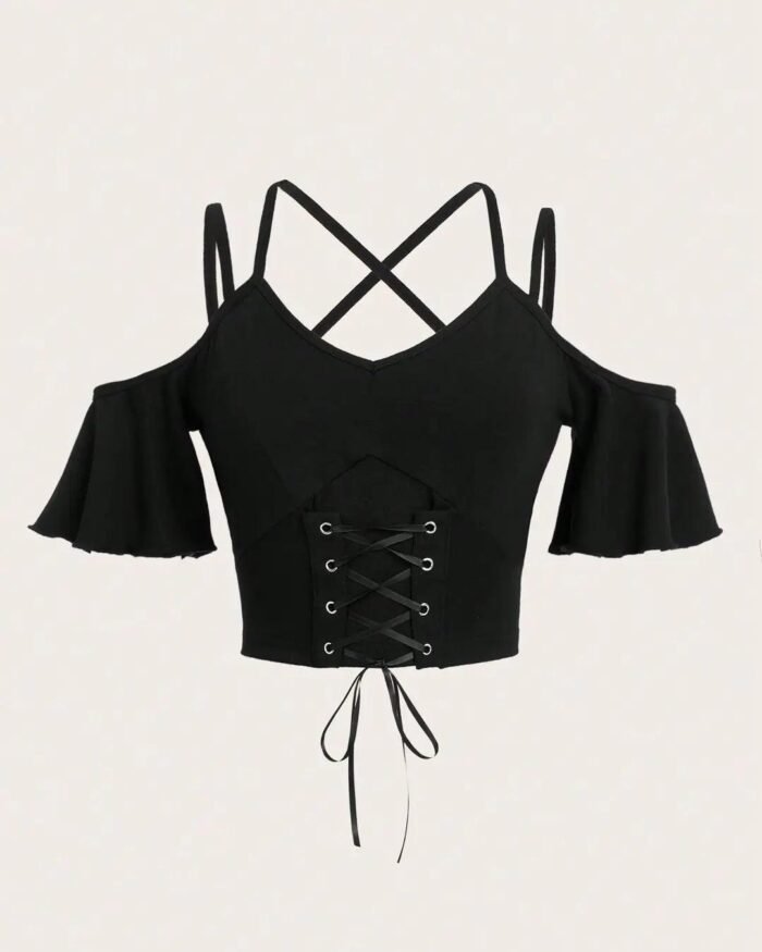 Gothic Lace Up Front Cold Shoulder Black Top