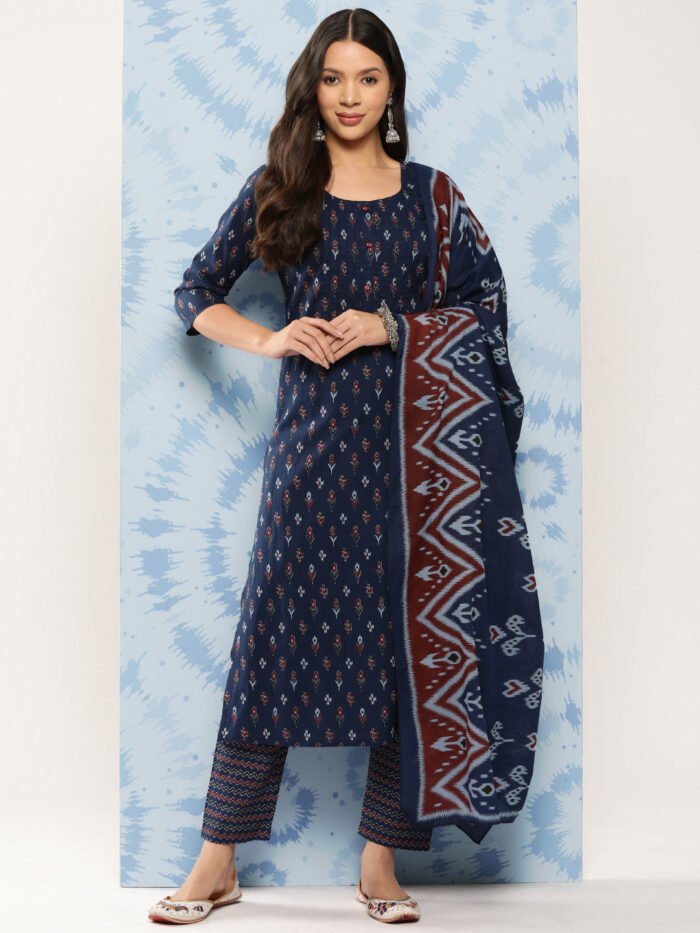 Women's Blue Ethnic Printed Straight Kurta With Trouser