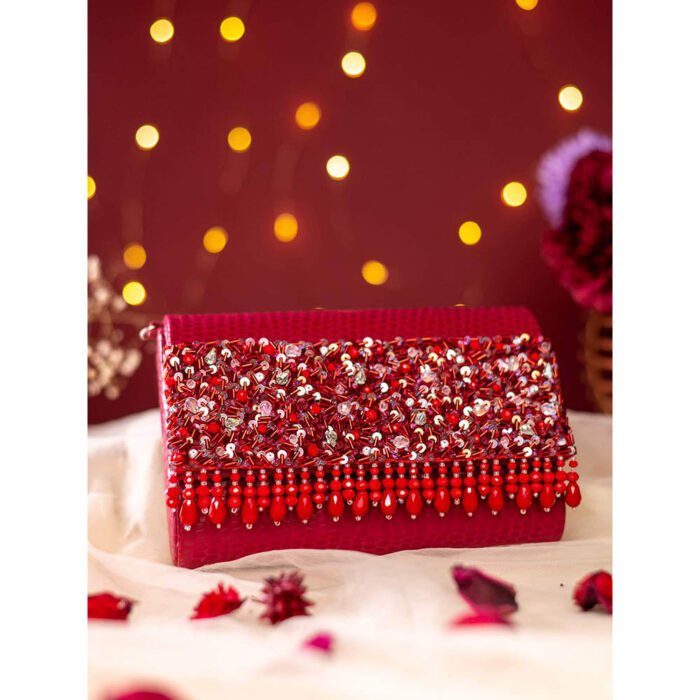 Hello Hi Scarlet Red Handheld Embellished Clutch Bag for Women
