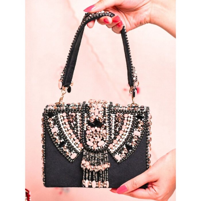 Hello Hi Sara Black Suede Embellished Box Clutch