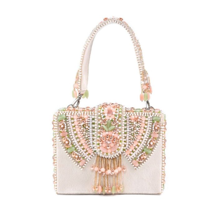 Hello Hi Sara Off White Suede Embellished Box Clucth
